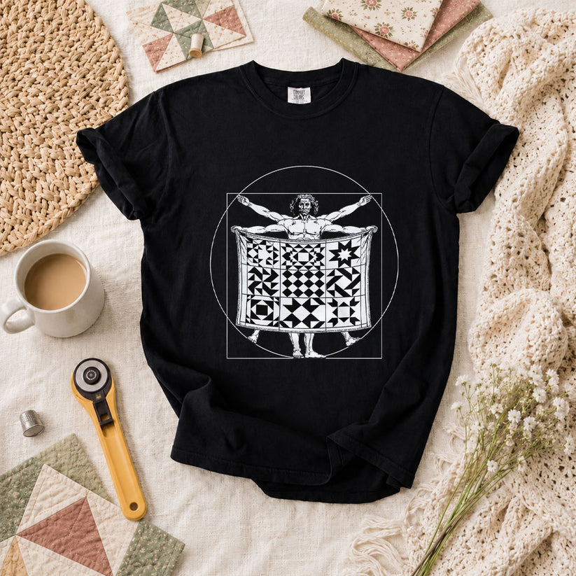 Vitruvian Quilter Man Da Vinci Quilt Blocks T-Shirt - Black