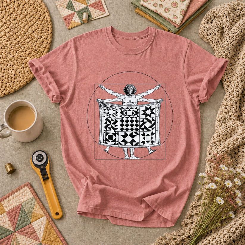 Vitruvian Quilter Man Da Vinci Quilt Blocks T-Shirt - Heather Mauve