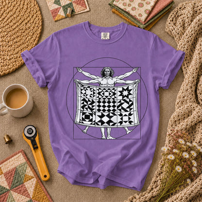 Vitruvian Quilter Man Da Vinci Quilt Blocks T-Shirt - Heather Team Purple