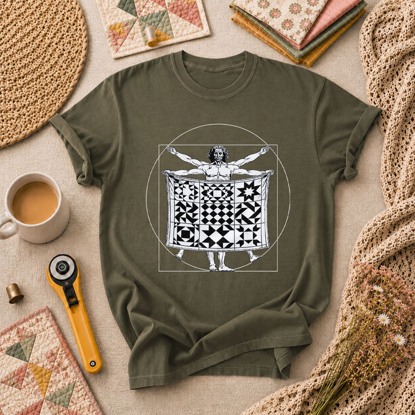 Vitruvian Quilter Man Da Vinci Quilt Blocks T-Shirt - Military Green