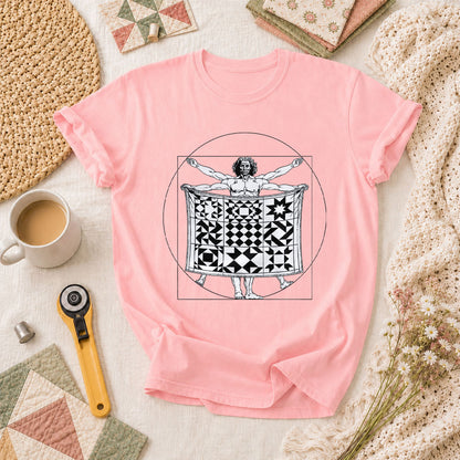 Vitruvian Quilter Man Da Vinci Quilt Blocks T-Shirt - Pink