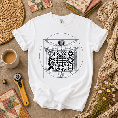Vitruvian Quilter Man Da Vinci Quilt Blocks T-Shirt - White