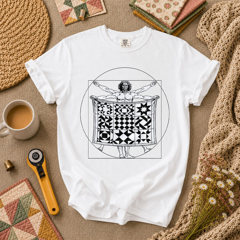 Vitruvian Quilter Man Da Vinci Quilt Blocks T-Shirt - White