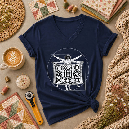 Vitruvian Quilter Man Da Vinci Quilt Blocks Women's V-Neck - Navy
