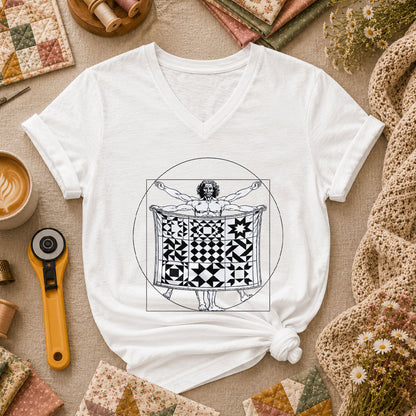 Vitruvian Quilter Man Da Vinci Quilt Blocks Women's V-Neck - White