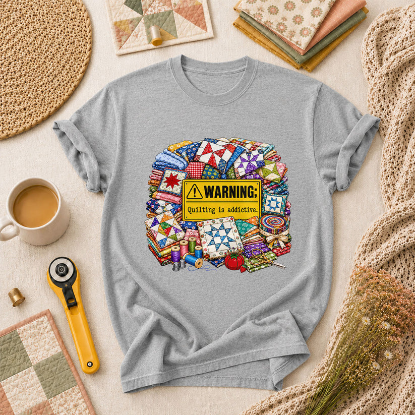 Warning Quilting Is Addictive Quilt Blocks T-Shirt - Athletic Heather