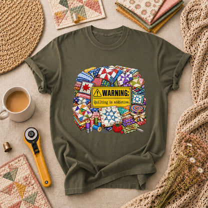 Warning Quilting Is Addictive Quilt Blocks T-Shirt - Military Green