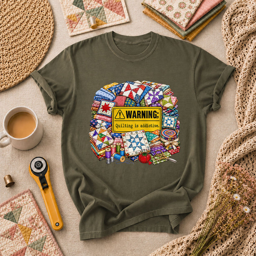 Warning Quilting Is Addictive Quilt Blocks T-Shirt - Military Green