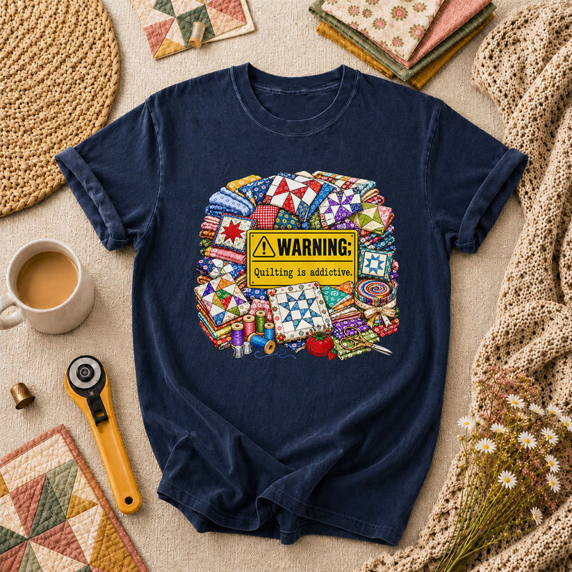 Warning Quilting Is Addictive Quilt Blocks T-Shirt - Navy