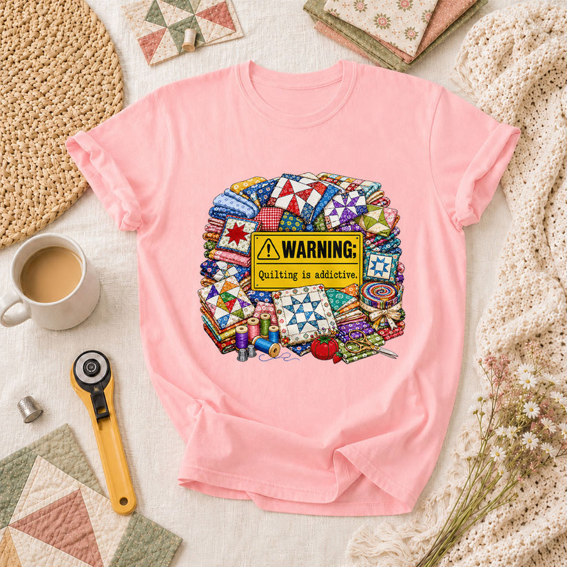 Warning Quilting Is Addictive Quilt Blocks T-Shirt - Pink