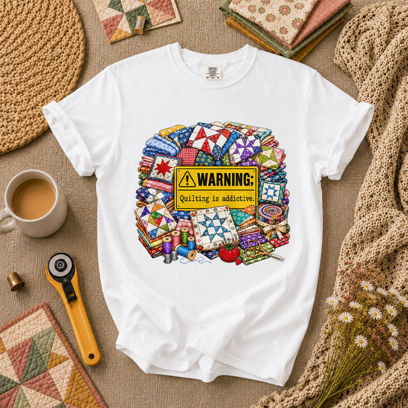 Warning Quilting Is Addictive Quilt Blocks T-Shirt - White