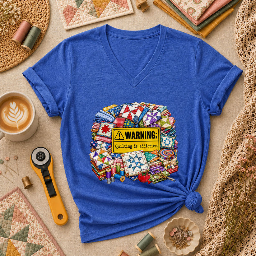Warning Quilting Is Addictive Quilt Blocks Women's V-Neck - Heather True Royal