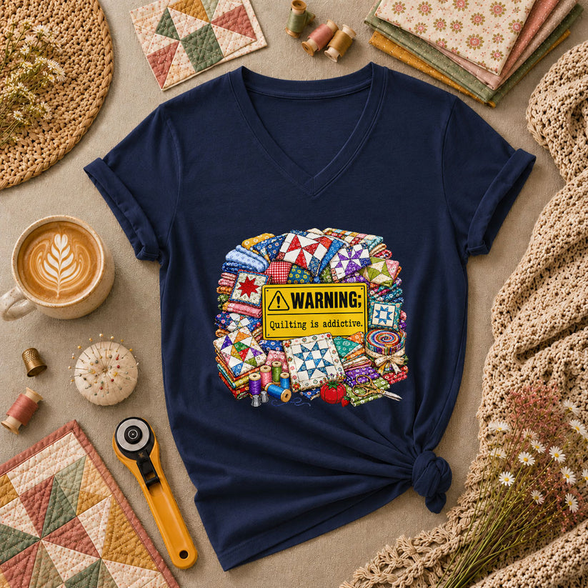 Warning Quilting Is Addictive Quilt Blocks Women's V-Neck - Navy