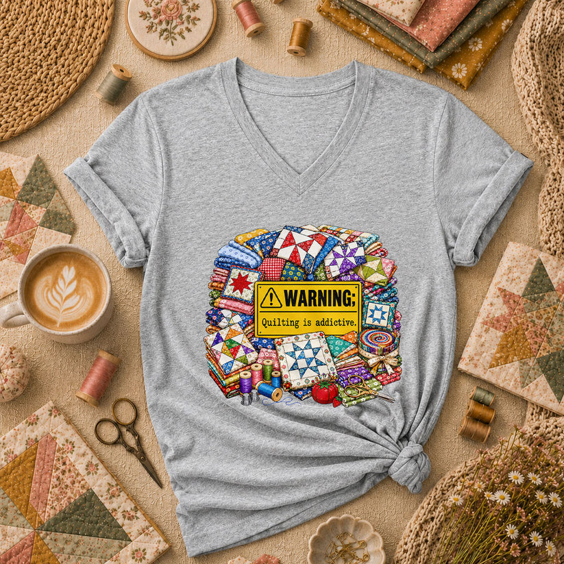 Warning Quilting Is Addictive Quilt Blocks Women's V-Neck - Sport Grey