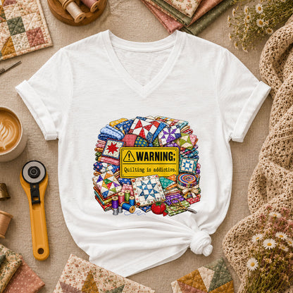 Warning Quilting Is Addictive Quilt Blocks Women's V-Neck - White