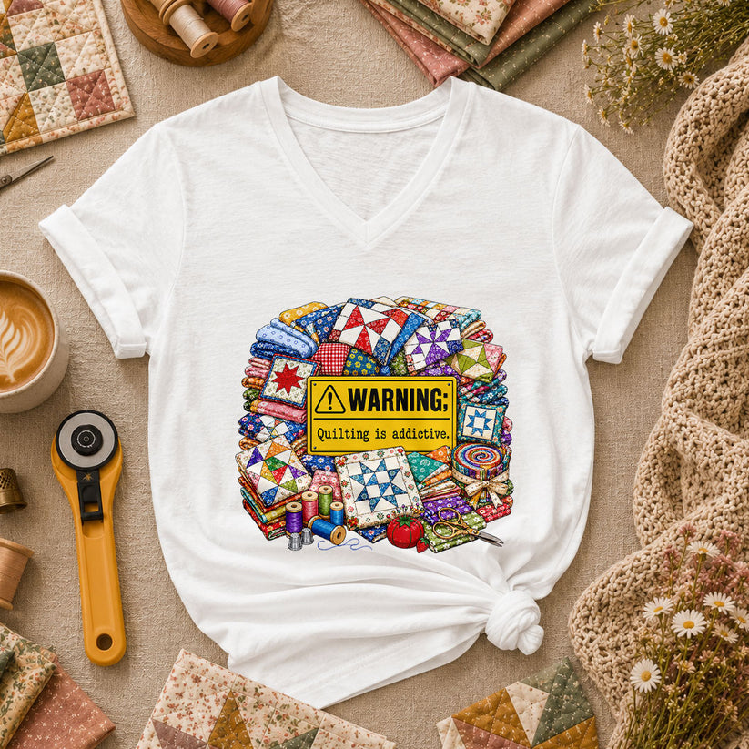Warning Quilting Is Addictive Quilt Blocks Women's V-Neck - White