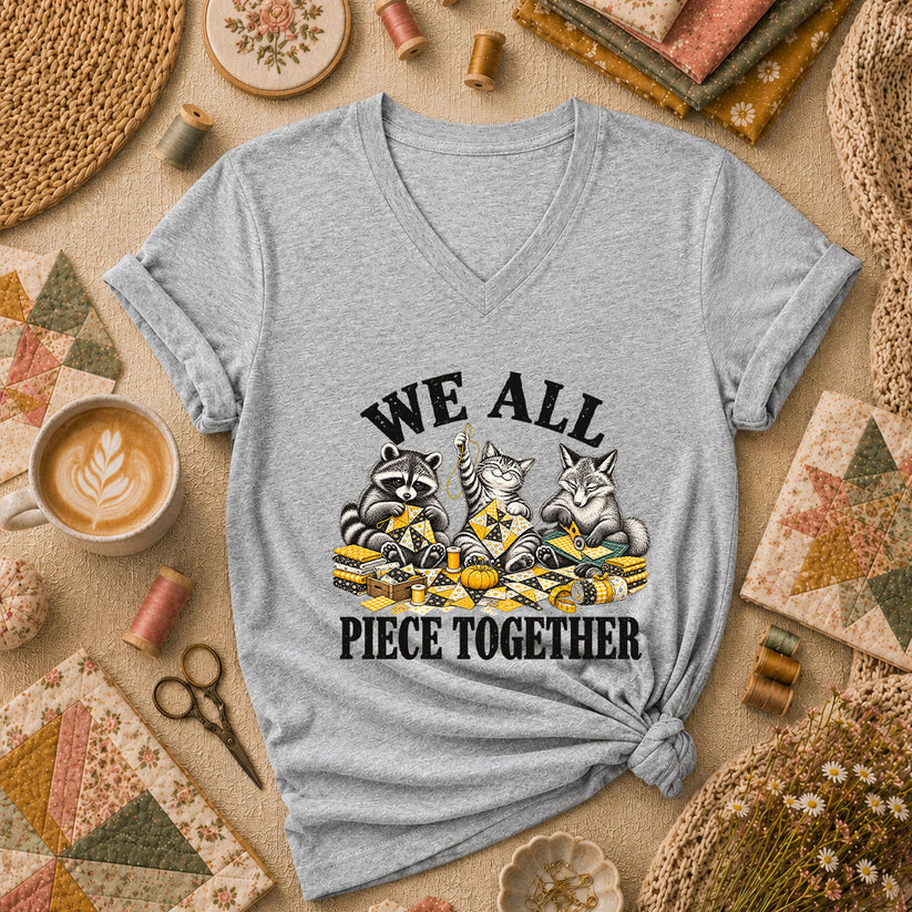 We All Piece Together Woodland Friends Women's V-Neck - Athletic Heather