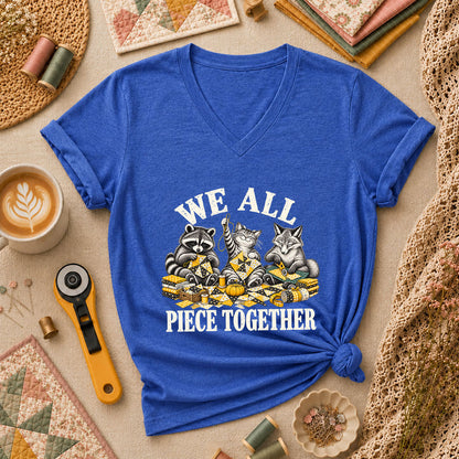 We All Piece Together Woodland Friends Women's V-Neck - Heather True Royal