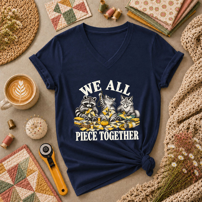 We All Piece Together Woodland Friends Women's V-Neck - Navy