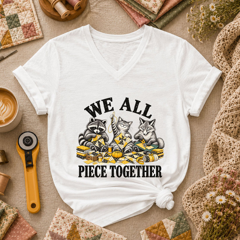 We All Piece Together Woodland Friends Women's V-Neck - White