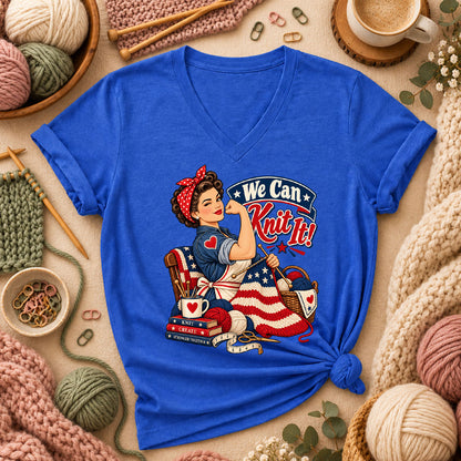 We Can Knit It Rosie Women's V-Neck - Heather True Royal