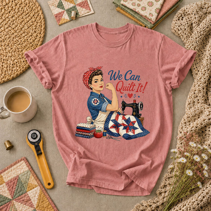 We Can Quilt It Rosie Riveter Patriotic Quilter T-Shirt - Heather Mauve