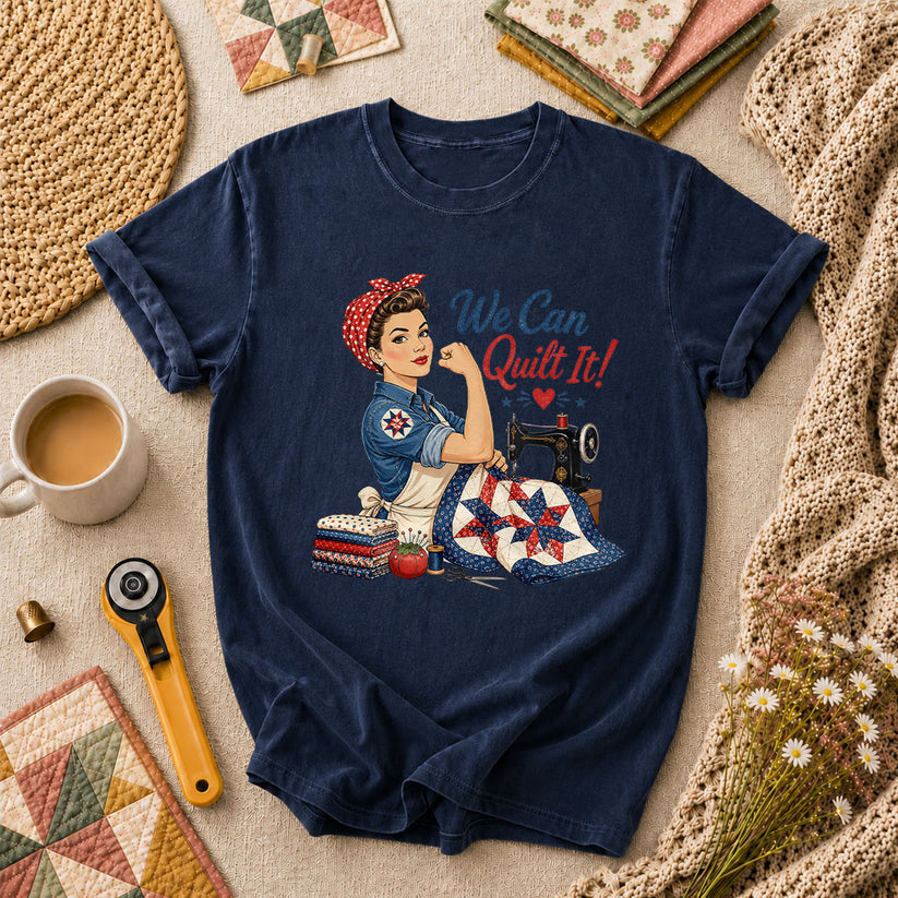 We Can Quilt It Rosie Riveter Patriotic Quilter T-Shirt - Navy