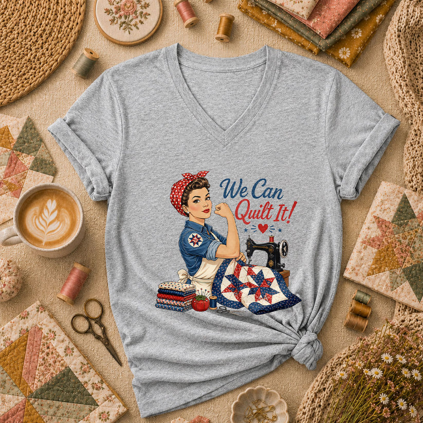 We Can Quilt It Rosie Riveter Patriotic Quilter Women's V-Neck - Athletic Heather