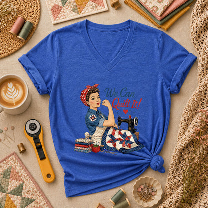 We Can Quilt It Rosie Riveter Patriotic Quilter Women's V-Neck - Heather True Royal