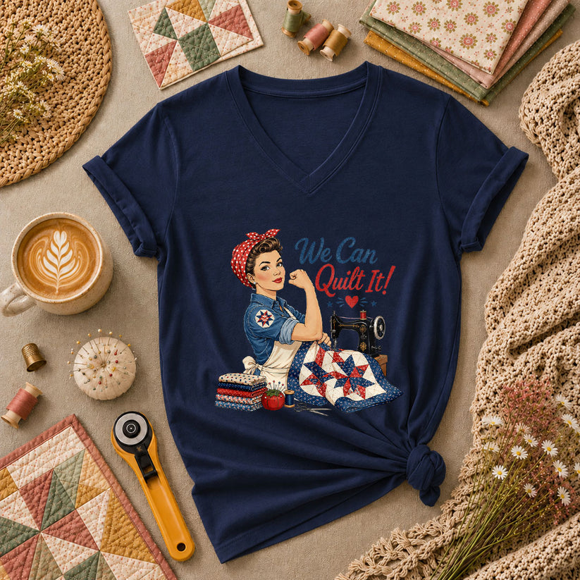 We Can Quilt It Rosie Riveter Patriotic Quilter Women's V-Neck - Navy