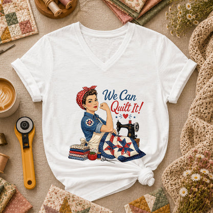 We Can Quilt It Rosie Riveter Patriotic Quilter Women's V-Neck - White