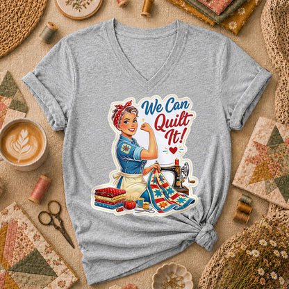 We Can Quilt It Rosie The Quilter Women's V-Neck - Athletic Heather