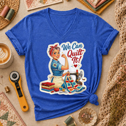 We Can Quilt It Rosie The Quilter Women's V-Neck - Heather True Royal