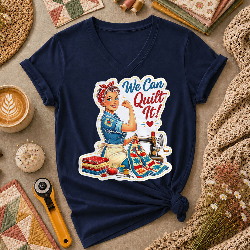 We Can Quilt It Rosie The Quilter Women's V-Neck - Navy