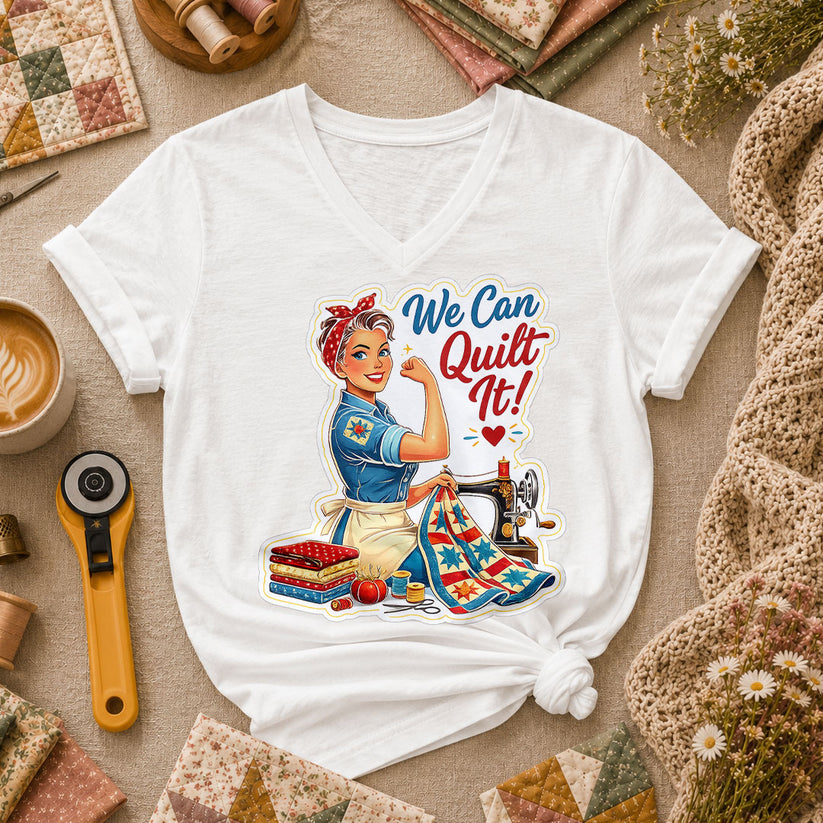 We Can Quilt It Rosie The Quilter Women's V-Neck - White