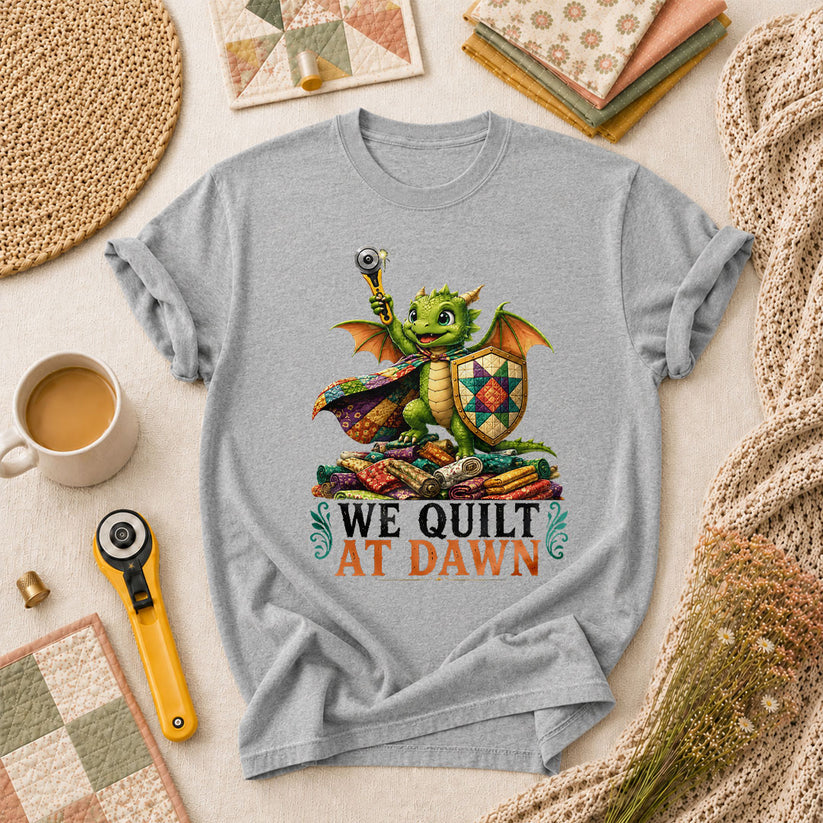 We Quilt At Dawn Dragon Fantasy T-Shirt - Athletic Heather