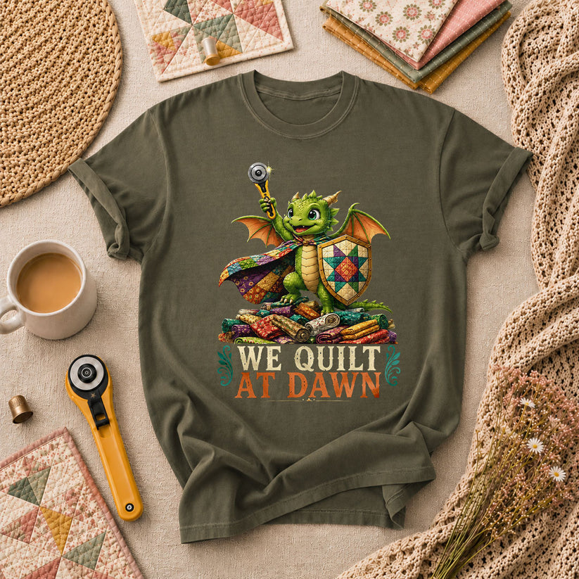 We Quilt At Dawn Dragon Fantasy T-Shirt - Military Green