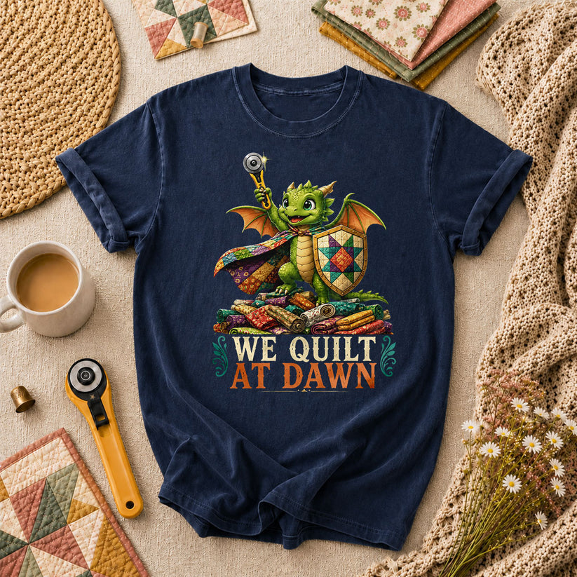 We Quilt At Dawn Dragon Fantasy T-Shirt - Navy