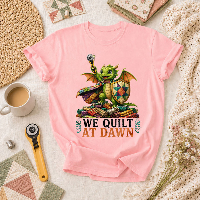 We Quilt At Dawn Dragon Fantasy T-Shirt - Pink