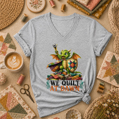 We Quilt At Dawn Dragon Fantasy Women's V-Neck - Athletic Heather