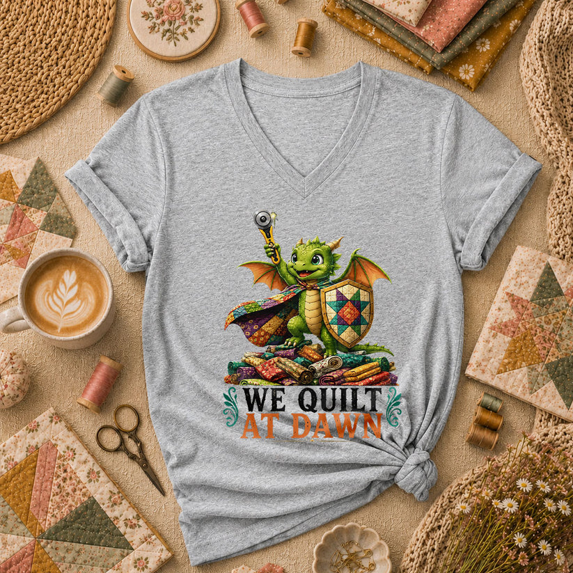 We Quilt At Dawn Dragon Fantasy Women's V-Neck - Athletic Heather