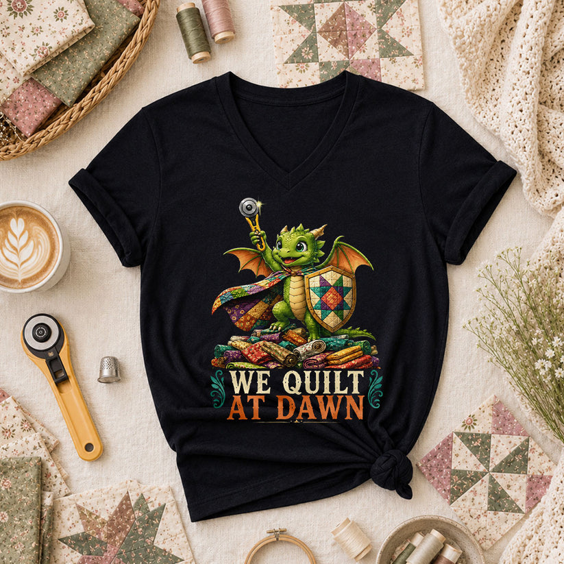We Quilt At Dawn Dragon Fantasy Women's V-Neck - Black