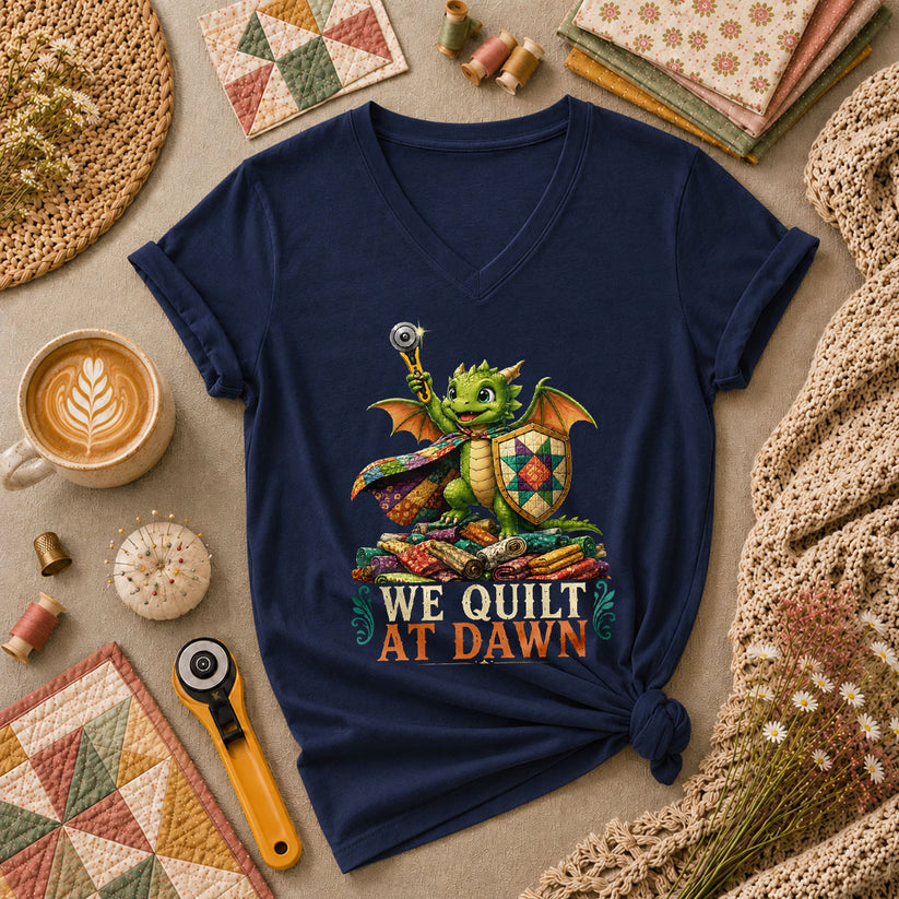 We Quilt At Dawn Dragon Fantasy Women's V-Neck - Navy