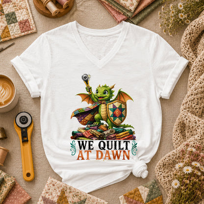 We Quilt At Dawn Dragon Fantasy Women's V-Neck - White