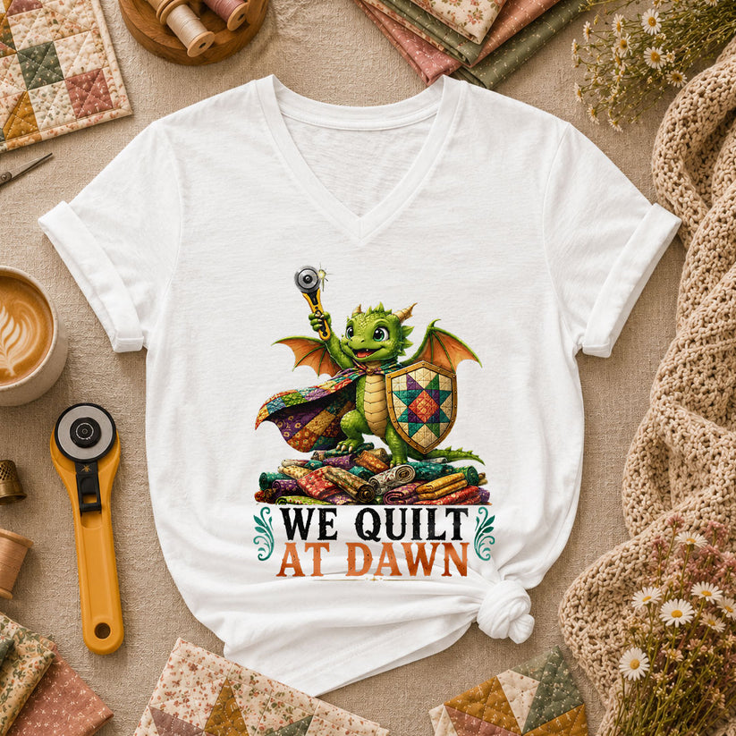We Quilt At Dawn Dragon Fantasy Women's V-Neck - White