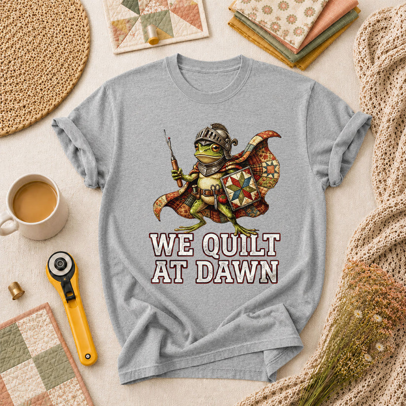 We Quilt At Dawn Frog Knight Quilter T-Shirt - Athletic Heather