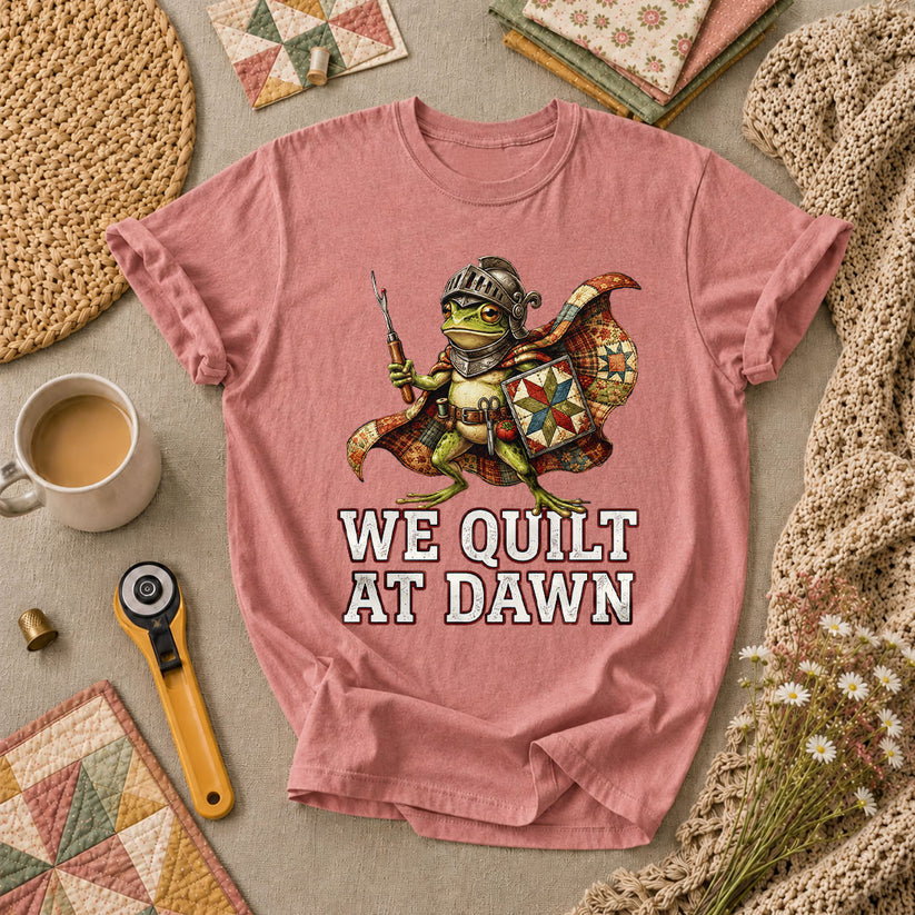 We Quilt At Dawn Frog Knight Quilter T-Shirt - Heather Mauve