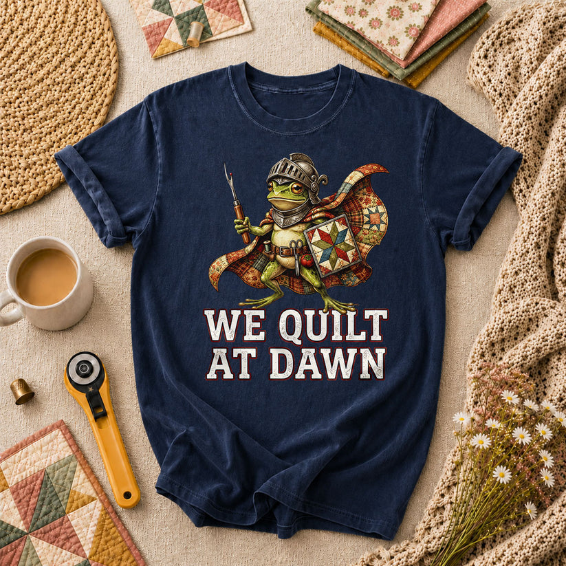 We Quilt At Dawn Frog Knight Quilter T-Shirt - Navy
