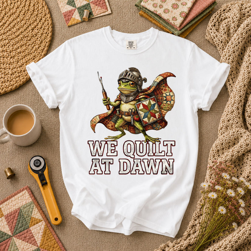 We Quilt At Dawn Frog Knight Quilter T-Shirt - White