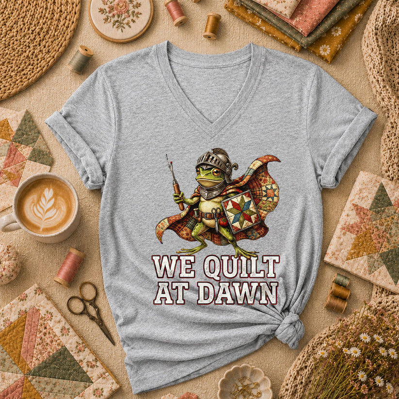 We Quilt At Dawn Frog Knight Quilter Women's V-Neck - Athletic Heather